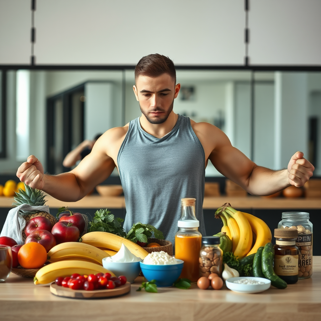 Homem atlético realizando exercícios de resistência com uma mesa de alimentos nutritivos ao fundo, mostrando frutas, proteínas e suplementos naturais para performance